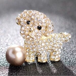 Fashion Jewelry Gold-tone Crystal Puppy Pin with Pink Pearl